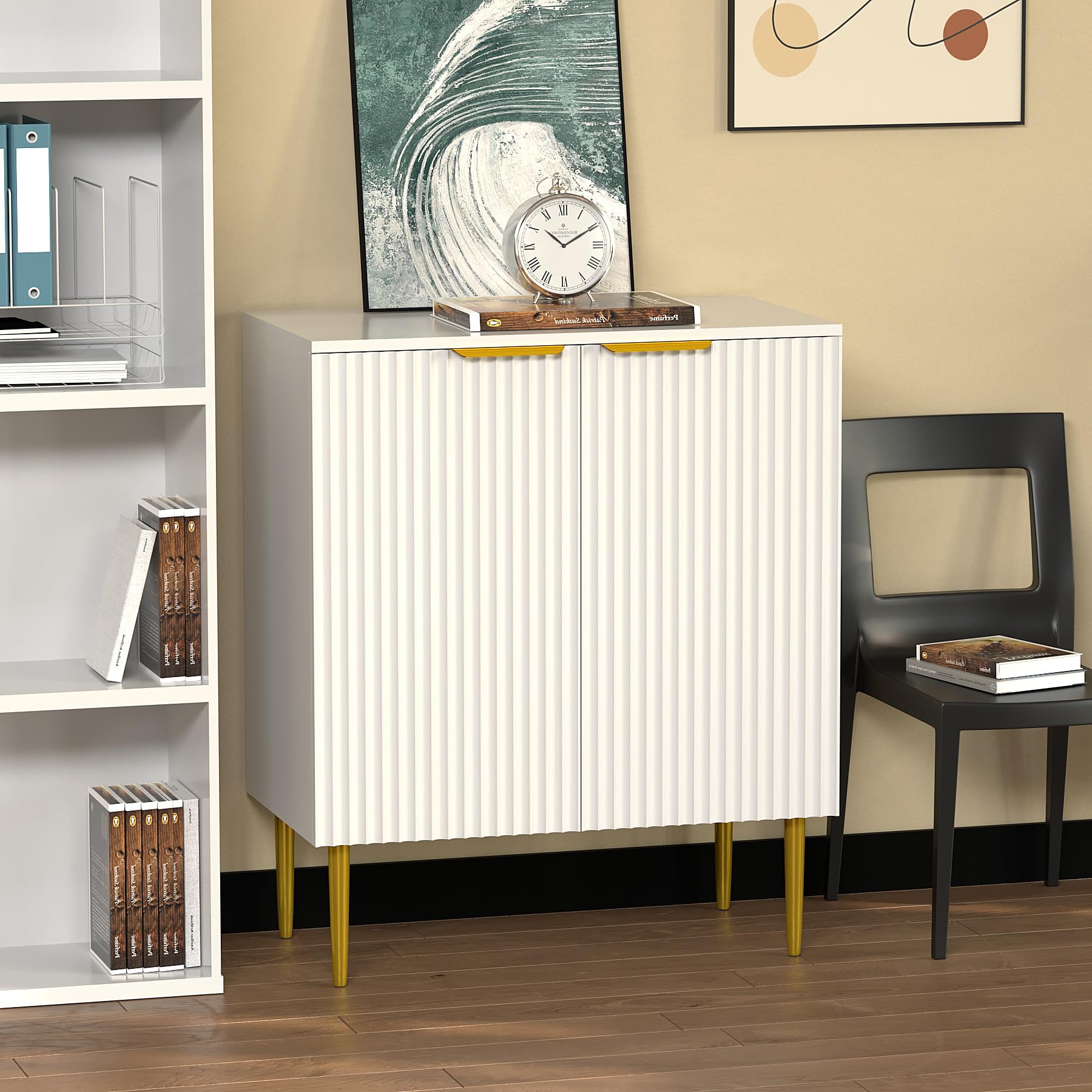 HYGRAD BUILT TO SURVIVE Modern Shoe Storage Cabinet White Wooden Hallway Display Cabinet Luxury Style 2 Door 3 Shelves Gold Legs & Handles Entry way Storage
