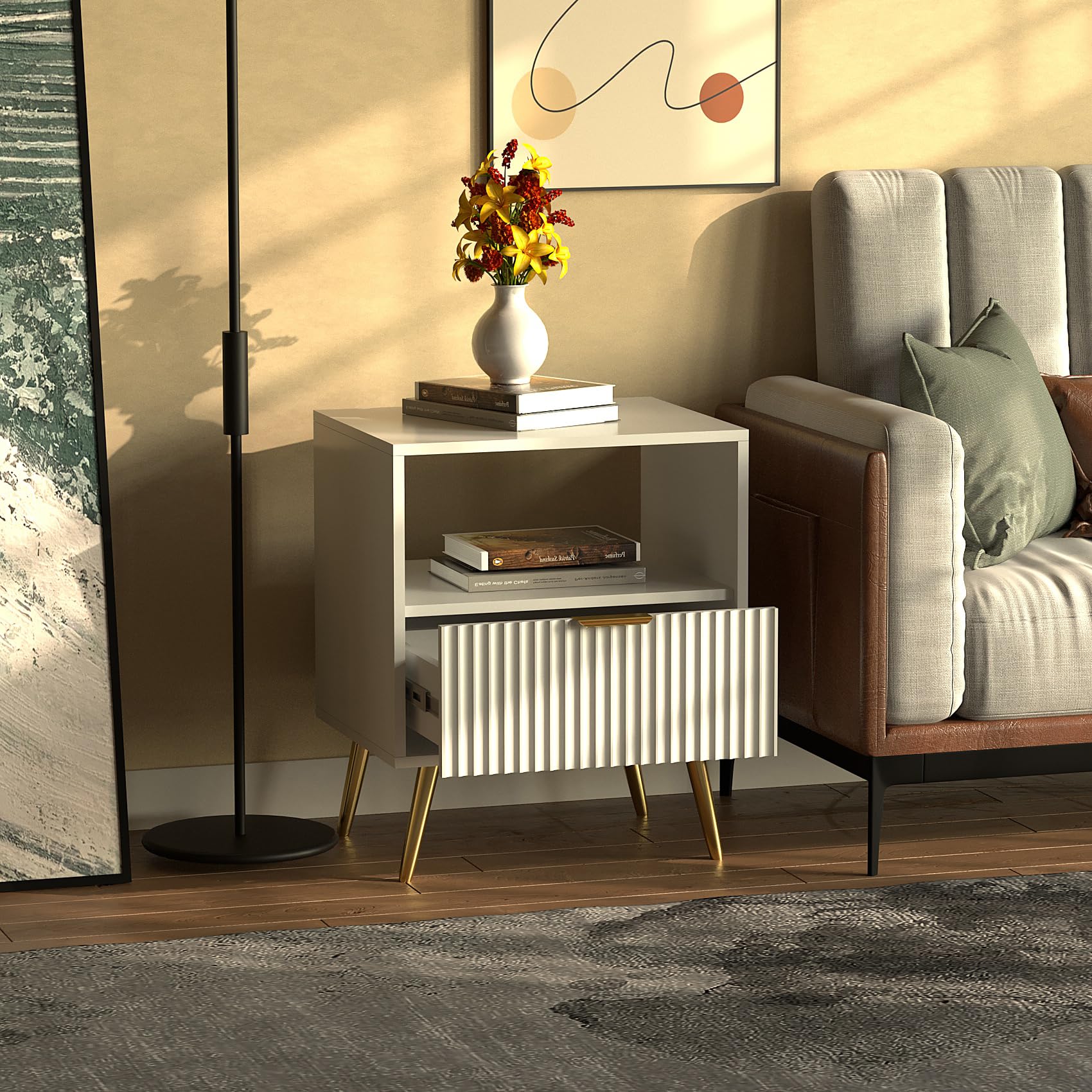 HYGRAD BUILT TO SURVIVE Living Room End Table Sofa Side Table Bedside Table Nightstand White With Golden Legs Modern Luxury Styled