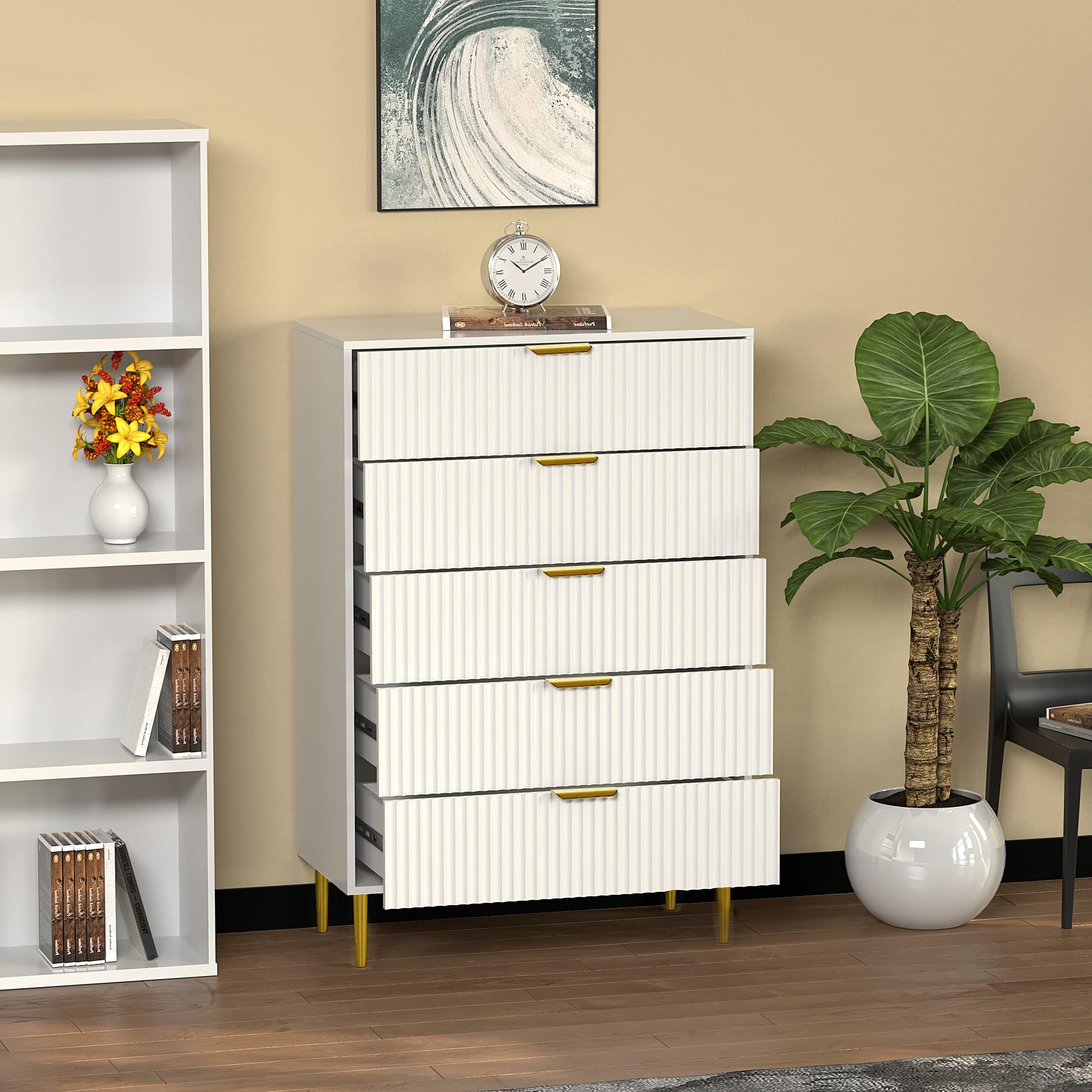 HYGRAD® Luxury Chest Of Drawers For Bedroom 5 Drawer Chest Storage Unit Gold Legs & Handles Wooden Chest Of Drawers Free Standing