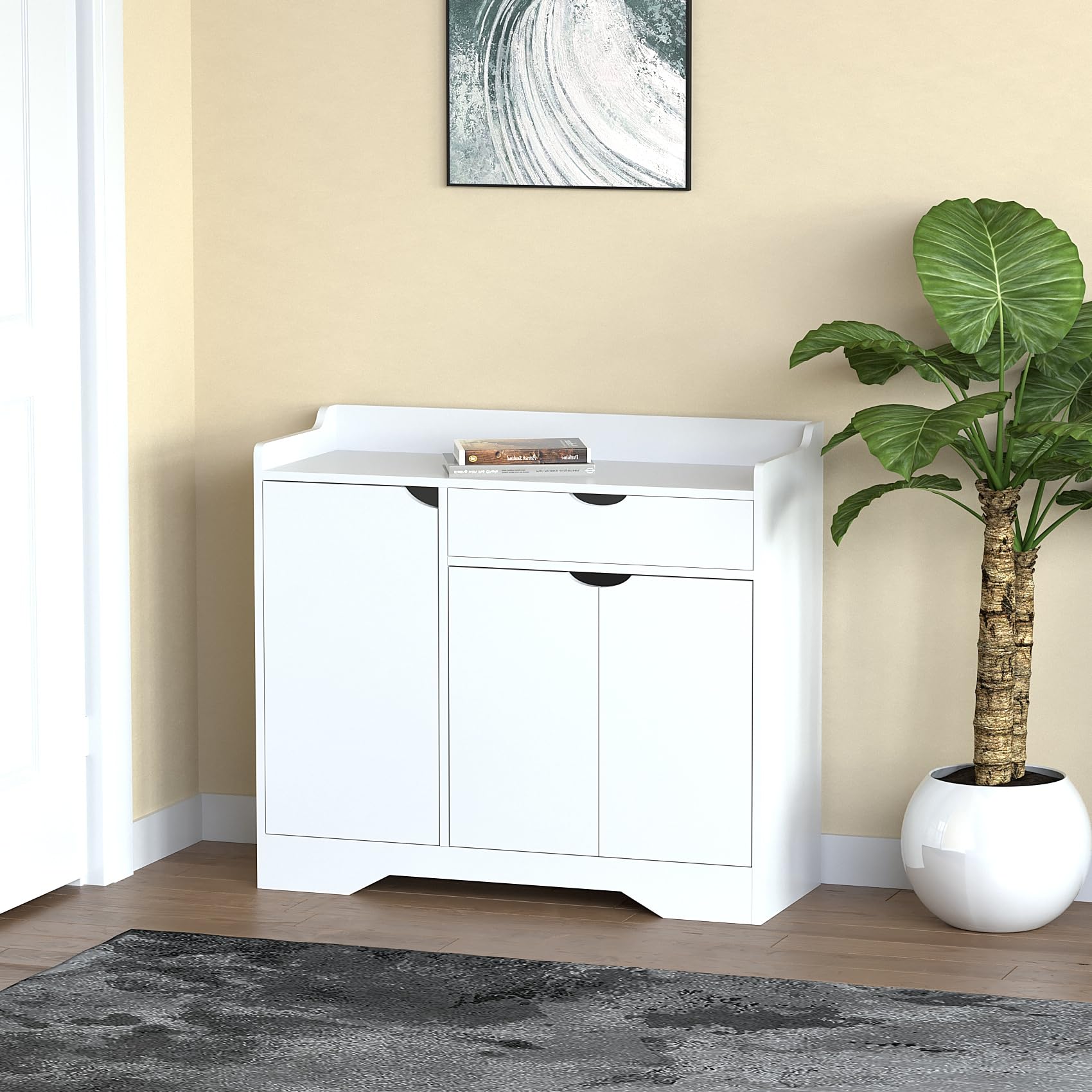 HYGRAD Wooden Hallway Shoe Storage Cabinet, Modern Styled Home Shoe Rack Display (White)
