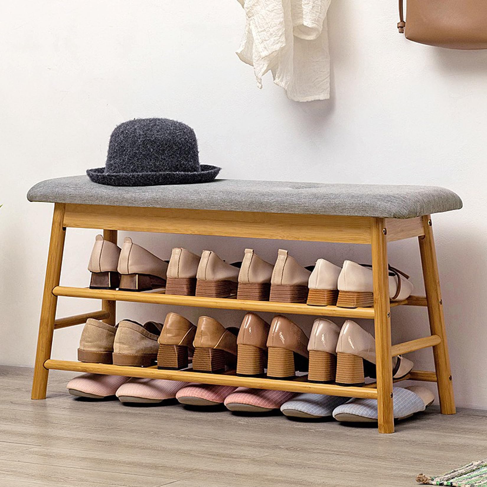 HYGRAD® Bamboo Hallway Shoe Rack 3 Tier Shoe Rack Organiser Entry Cushioned Bench With Storage Compartment Under Bench Natural Bamboo For Hallway Living Room Bedroom Bathroom Office