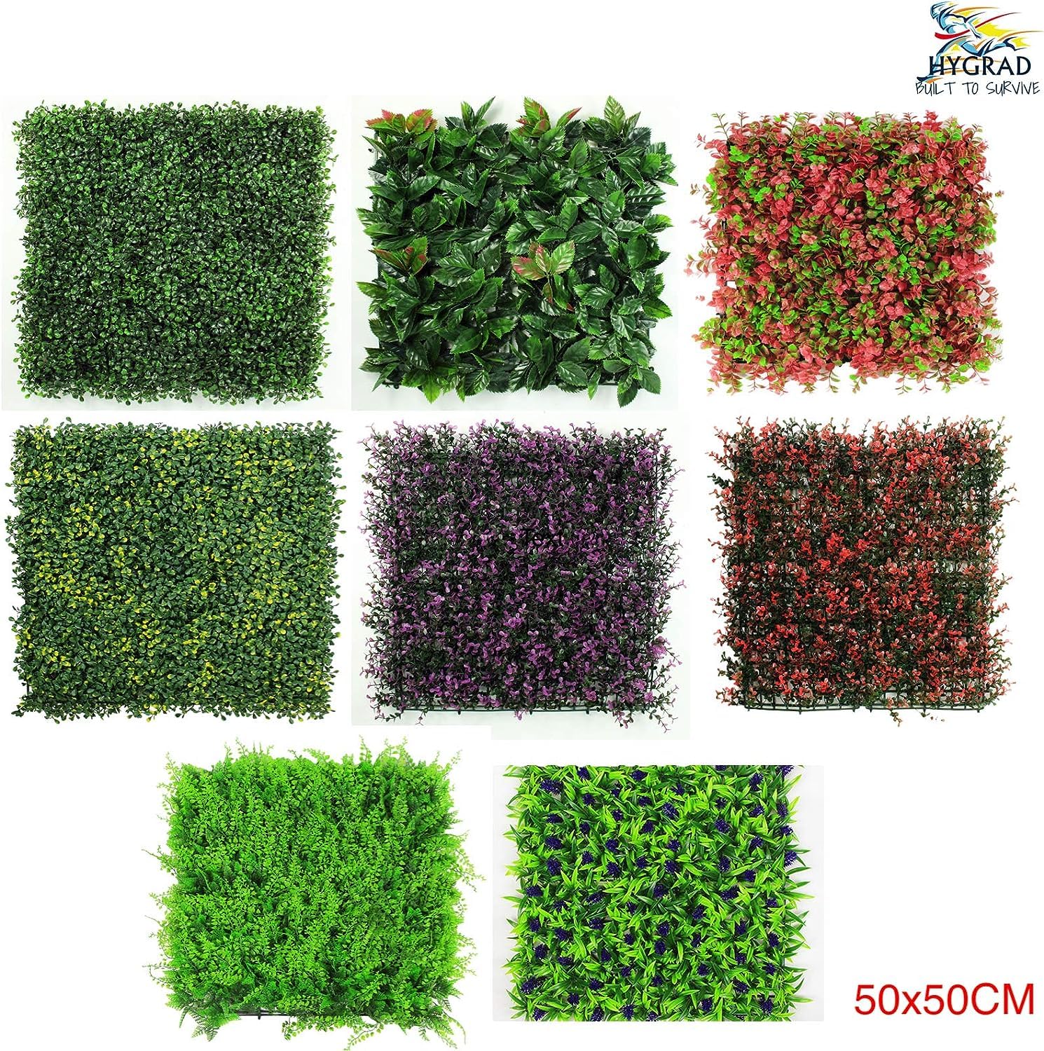 HYGRAD® 12 x Artificial Boxwood Topiary Green Artificial Grass Screen Fencing Hedge Panels 50 x 50 UK Artificial Wall Decoration Panels (Pack of 12)
