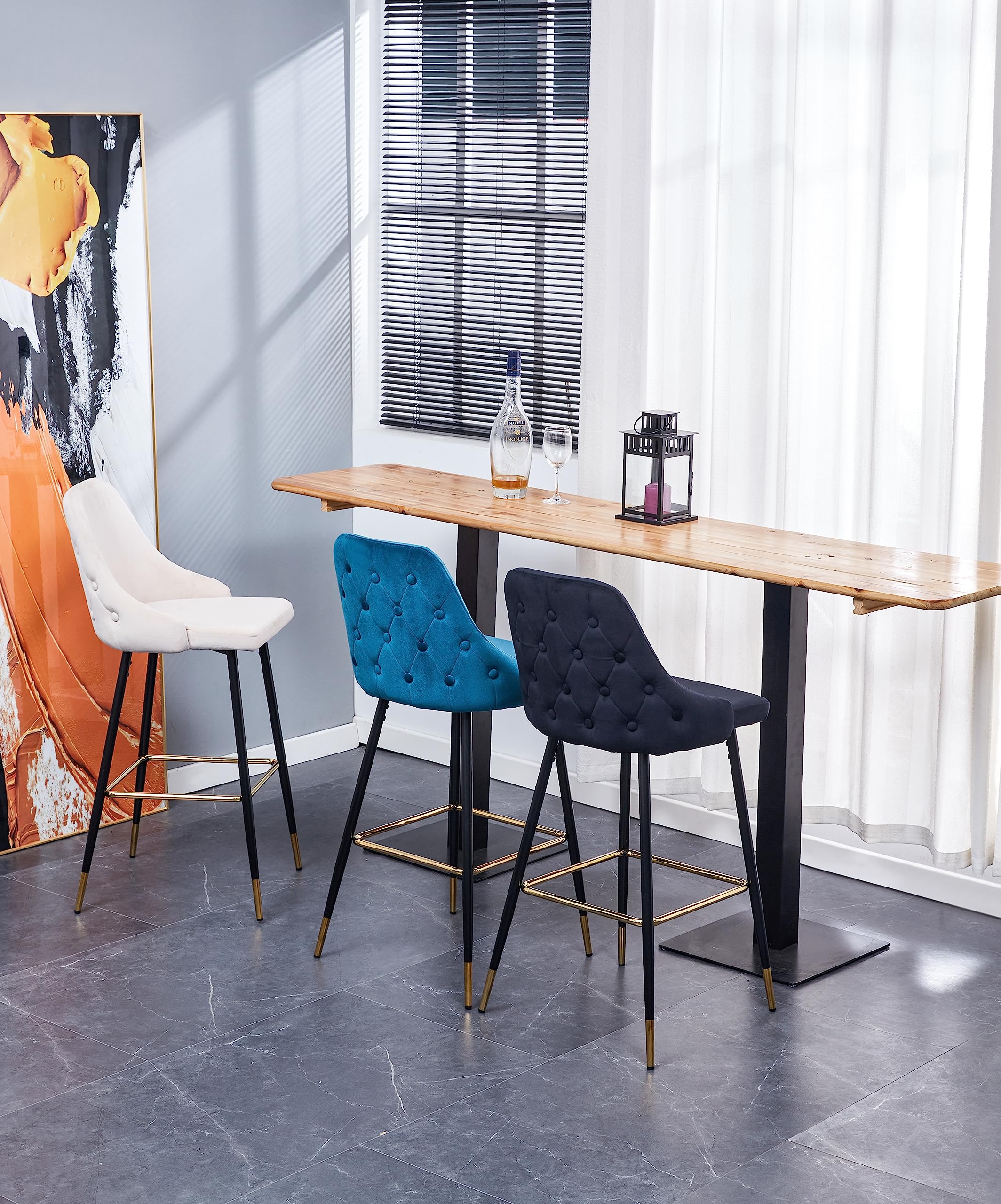 HYGRAD BUILT TO SURVIVE Soft Padded Velvet Bar Stools Kitchen Counter Breaskfast Bar Stools Dining Kitchen Island Velvet Bar Stools 4 Legs Golden Tips (1 Pcs)