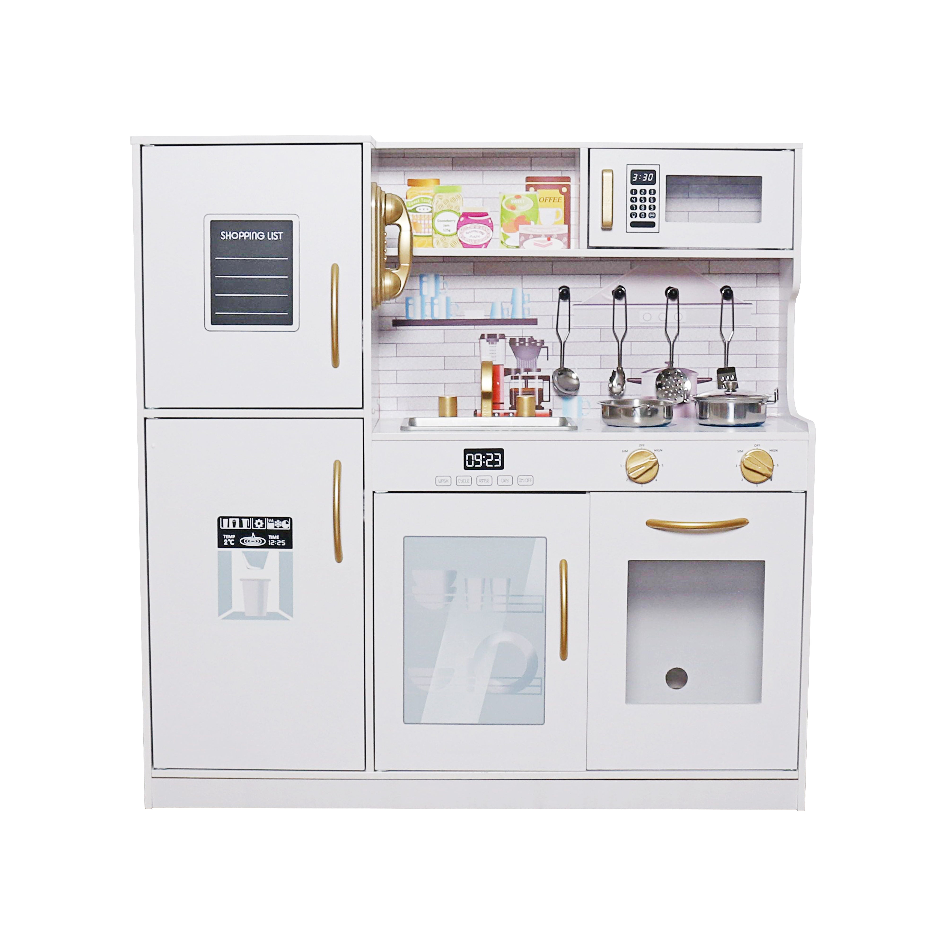 White/Gold Large Kids Kitchen Play Set Wooden Kitchen Cooking Utensil Pretend Play Set Toy Kids Chef Pretend Play Kitchen Cooking Set (White/Gold Edition)