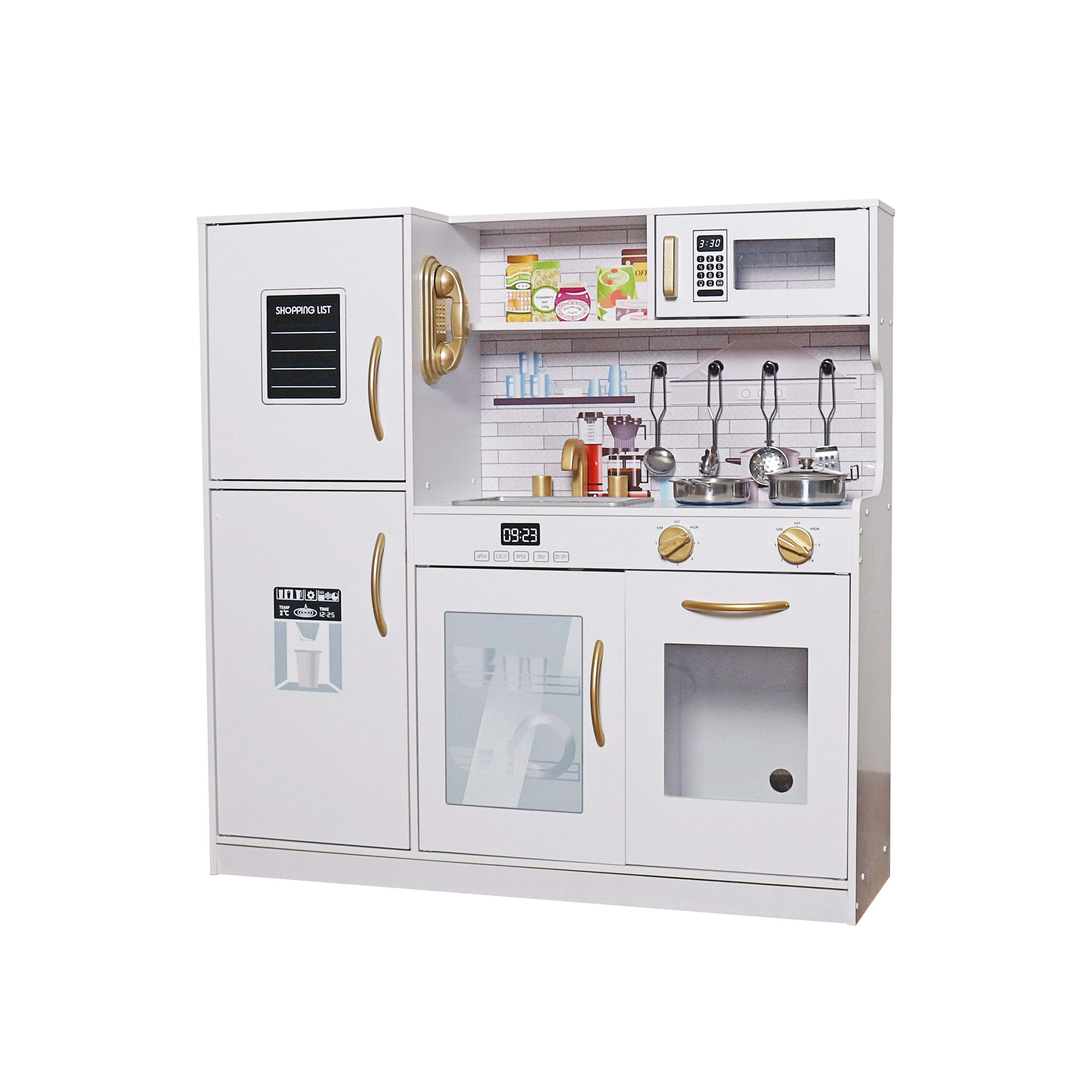 White/Gold Large Kids Kitchen Play Set Wooden Kitchen Cooking Utensil Pretend Play Set Toy Kids Chef Pretend Play Kitchen Cooking Set (White/Gold Edition)