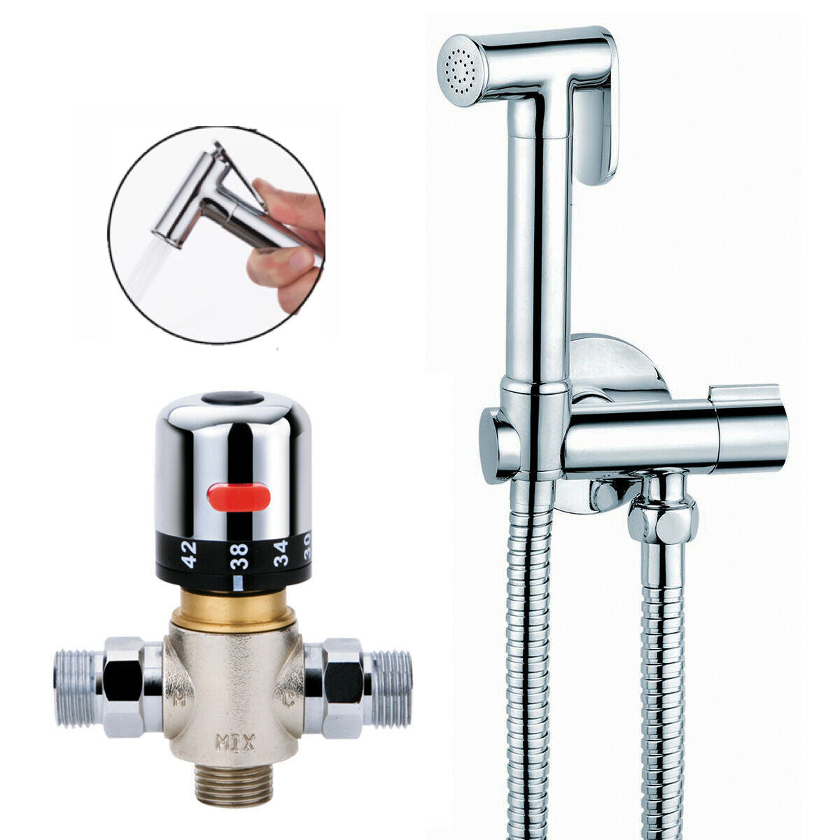 Hand Held Bathroom Bidet Spray Kit With Thermostatic Temperature Mixer Chrome UK