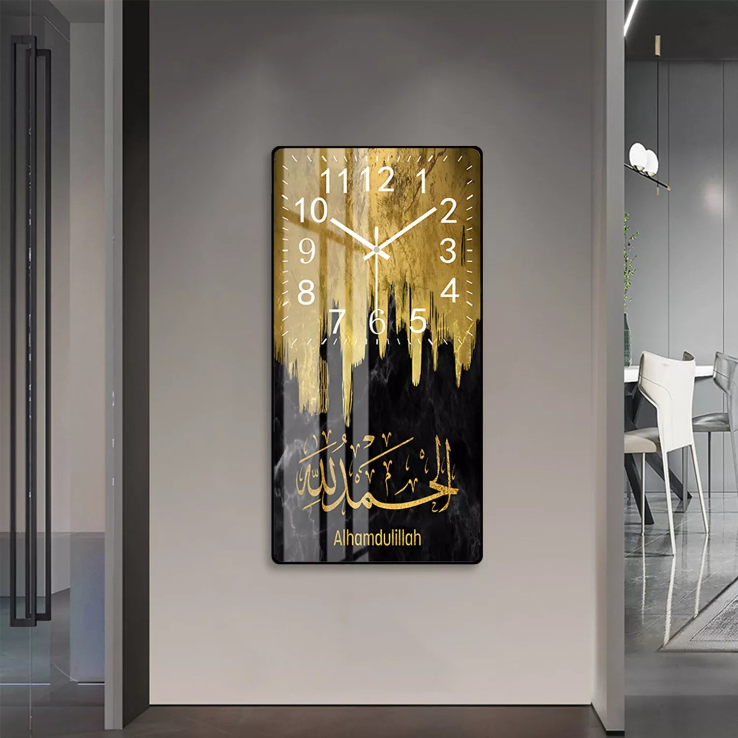 HYGRAD BUILT TO SURVIVE 𝗛𝗬𝗚𝗥𝗔𝗗 - Modern Style Islamic Calligraphy Wall Clock Crystal Porcelain Acrylic wall Art For Living Room, Kitchen Wall Home Decor (Design A)