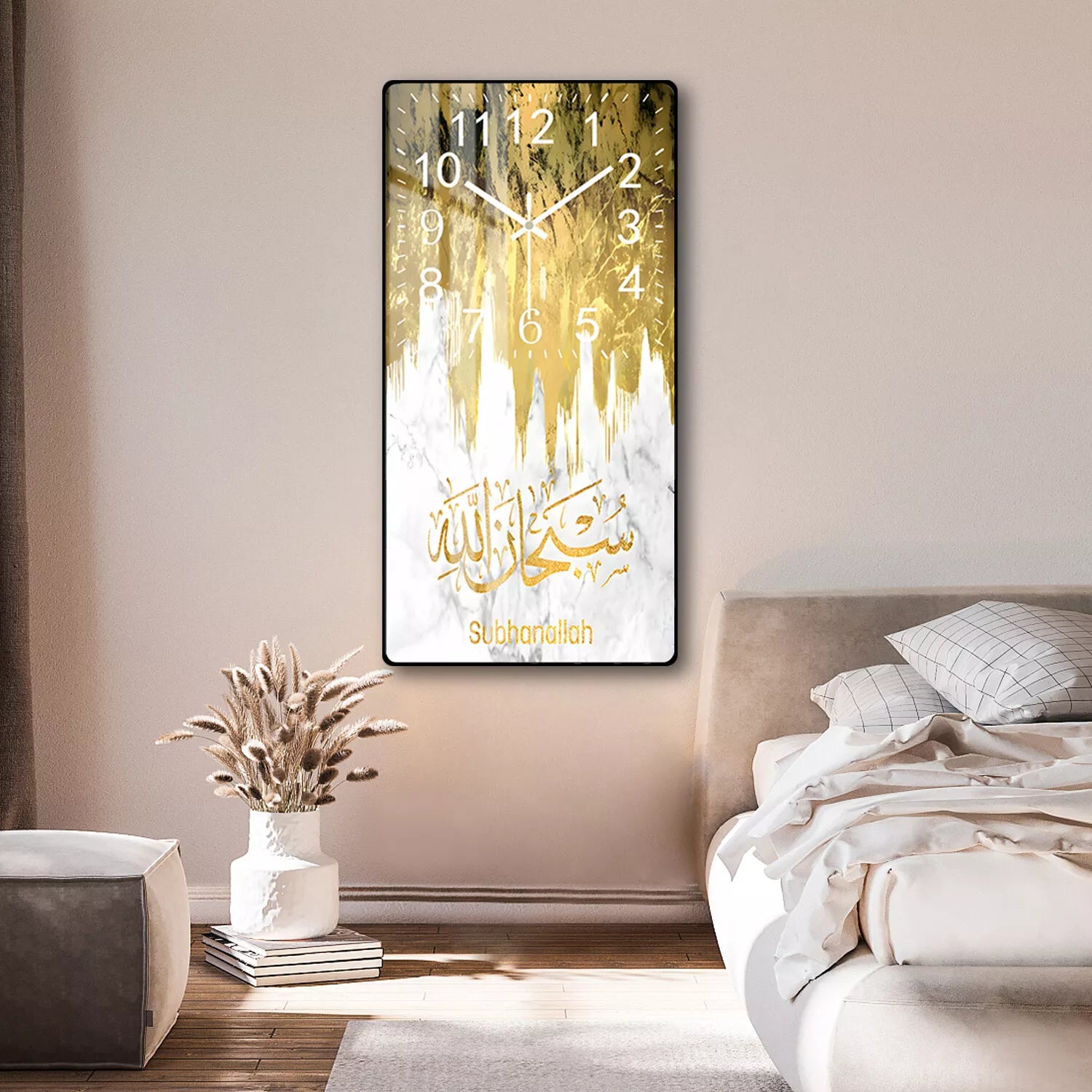 HYGRAD BUILT TO SURVIVE 𝗛𝗬𝗚𝗥𝗔𝗗 - Modern Style Islamic Calligraphy Wall Clock Crystal Porcelain Acrylic wall Art For Living Room, Kitchen Wall Home Decor (Design A)