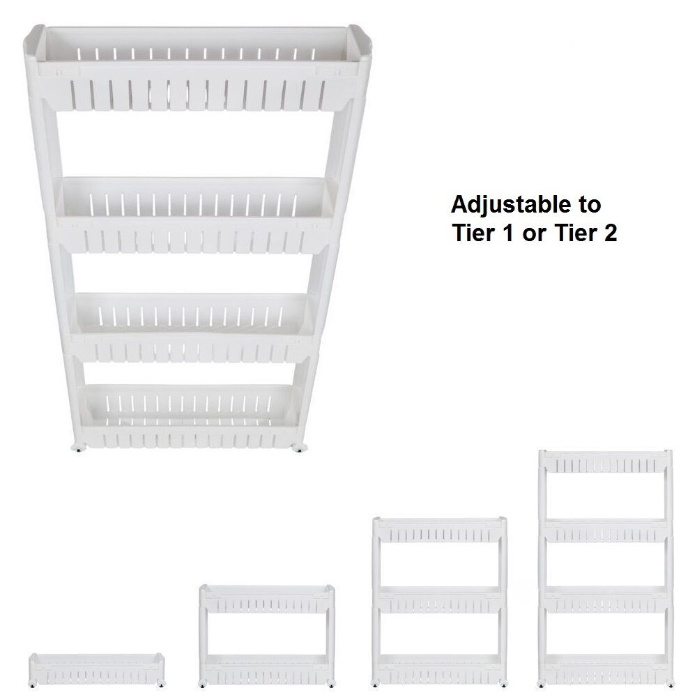 Slim Kitchen Trolley with Wheels – 3 or 4 Tier Slide-In Storage Cart for Bathroom or Pantry – Space Saving Organizer in White, Grey or Black