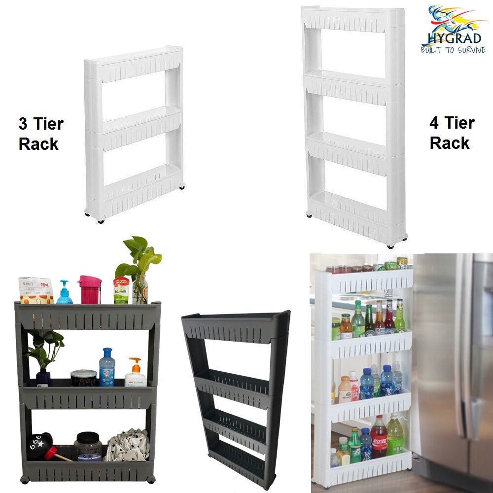Slim Kitchen Trolley with Wheels – 3 or 4 Tier Slide-In Storage Cart for Bathroom or Pantry – Space Saving Organizer in White, Grey or Black