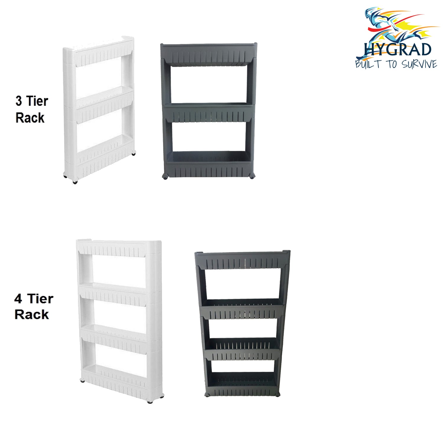 Slim Kitchen Trolley with Wheels – 3 or 4 Tier Slide-In Storage Cart for Bathroom or Pantry – Space Saving Organizer in White, Grey or Black