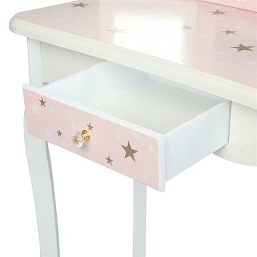 HYGRAD® Girls Dressing Table With Mirror and Stool, Childrens White/ Pink Star Prints Wooden Kids Vanity Table with Crystal Knobs Childs Dressing Table Set for a Kid, Children Aged (6-13)