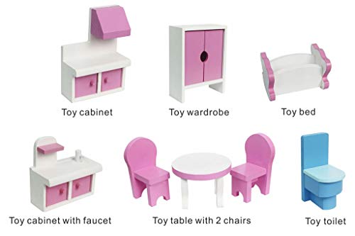Wooden Play Doll House With Accessories & Furniture Role Play Doll House 4 Designs Christmas, Birthday Girls Gift (Design 1)