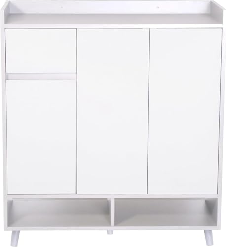 White Large Wooden Hallway Shoe Cabinet 3 Doors Multiple Tier Shoe Rack Storage Cabinet Home Office 90cm Display Cabinet (Full White)