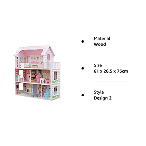 Wooden Kids Doll House All in 1 With Furniture & Staircase Perfect Birthday (Design 2)