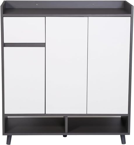 White/Grey Large Wooden Hallway Shoe Cabinet 3 Doors Multiple Tier Shoe Rack Storage Cabinet Home Office 90cm Display Cabinet (White/Grey)