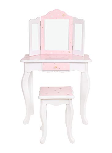 HYGRAD® Girls Dressing Table With Mirror and Stool, Childrens White/ Pink Star Prints Wooden Kids Vanity Table with Crystal Knobs Childs Dressing Table Set for a Kid, Children Aged (6-13)