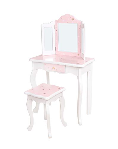 HYGRAD® Girls Dressing Table With Mirror and Stool, Childrens White/ Pink Star Prints Wooden Kids Vanity Table with Crystal Knobs Childs Dressing Table Set for a Kid, Children Aged (6-13)
