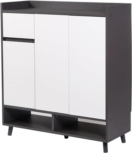 White/Grey Large Wooden Hallway Shoe Cabinet 3 Doors Multiple Tier Shoe Rack Storage Cabinet Home Office 90cm Display Cabinet (White/Grey)