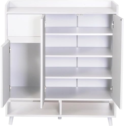 White Large Wooden Hallway Shoe Cabinet 3 Doors Multiple Tier Shoe Rack Storage Cabinet Home Office 90cm Display Cabinet (Full White)
