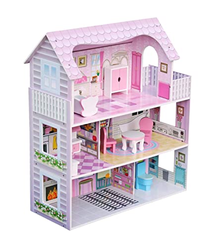 Wooden Kids Doll House All in 1 With Furniture & Staircase Perfect Birthday (Design 2)