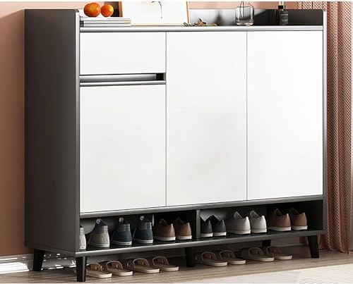 White/Grey Large Wooden Hallway Shoe Cabinet 3 Doors Multiple Tier Shoe Rack Storage Cabinet Home Office 90cm Display Cabinet (White/Grey)