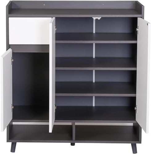 White/Grey Large Wooden Hallway Shoe Cabinet 3 Doors Multiple Tier Shoe Rack Storage Cabinet Home Office 90cm Display Cabinet (White/Grey)