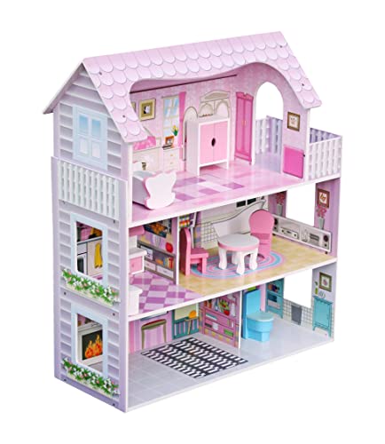 Wooden Kids Doll House All in 1 With Furniture & Staircase Perfect Birthday (Design 2)