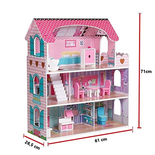 Wooden Play Doll House With Accessories & Furniture Role Play Doll House 4 Designs Christmas, Birthday Girls Gift (Design 1)