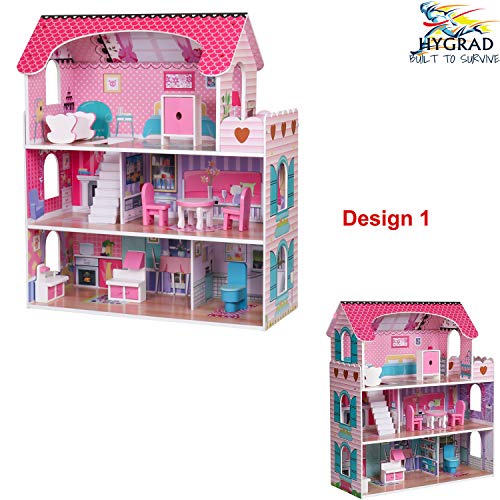 Wooden Play Doll House With Accessories & Furniture Role Play Doll House 4 Designs Christmas, Birthday Girls Gift (Design 1)