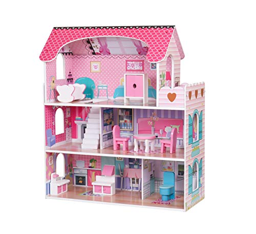 Wooden Play Doll House With Accessories & Furniture Role Play Doll House 4 Designs Christmas, Birthday Girls Gift (Design 1)
