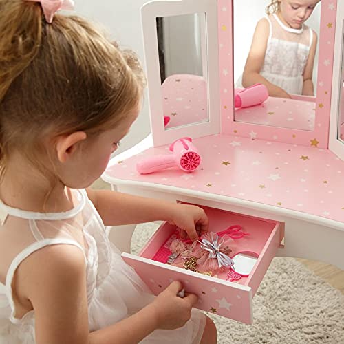 HYGRAD® Girls Dressing Table With Mirror and Stool, Childrens White/ Pink Star Prints Wooden Kids Vanity Table with Crystal Knobs Childs Dressing Table Set for a Kid, Children Aged (6-13)