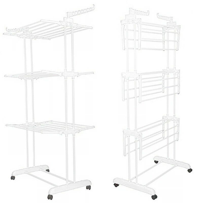 Folding Clothes Airer Horse 3 Tier Rolling Casters Drying Rack Hanging Garment