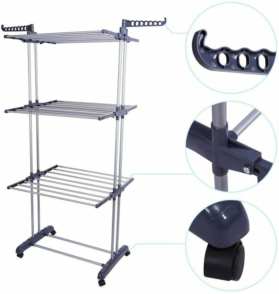 Folding Clothes Airer Horse 3 Tier Rolling Casters Drying Rack Hanging Garment