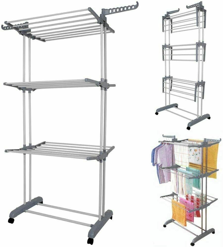 Folding Clothes Airer Horse 3 Tier Rolling Casters Drying Rack Hanging Garment