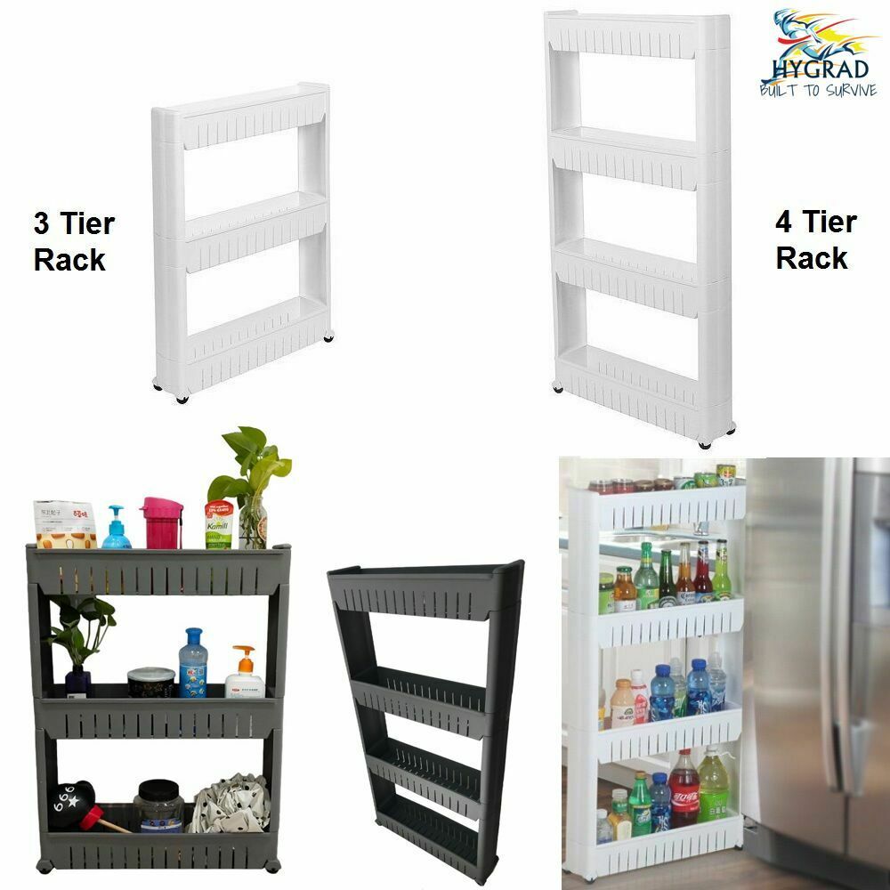 Grey 3/4 Tier Slim Slide Out Kitchen Trolley Rack Holder Storage Shelf Organiser