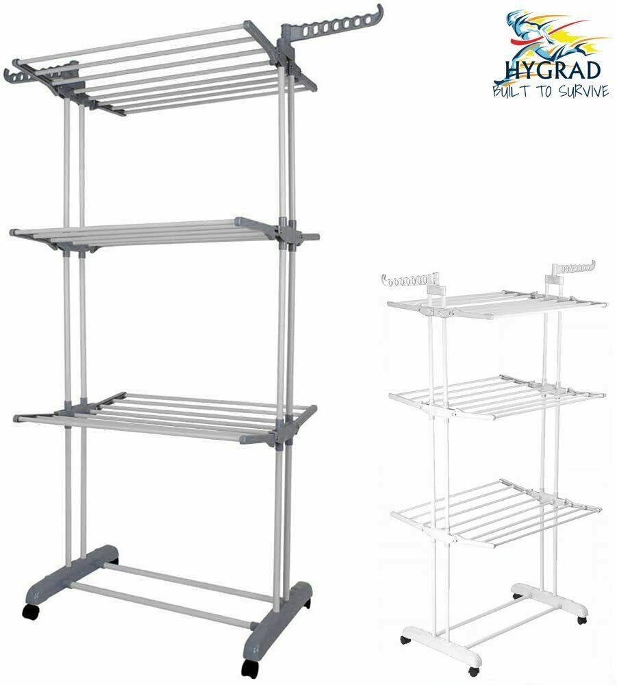 Folding Clothes Airer Horse 3 Tier Rolling Casters Drying Rack Hanging Garment