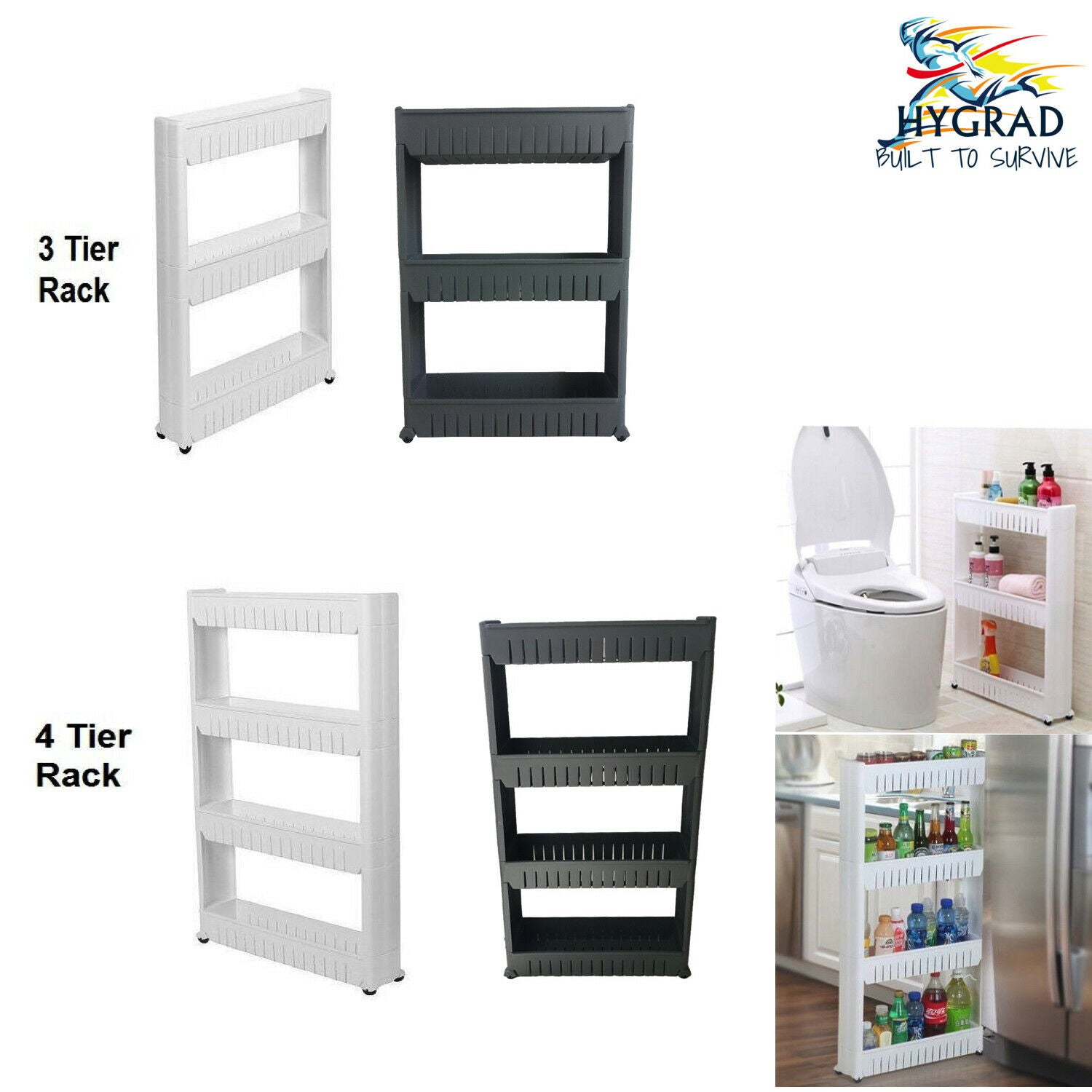 Grey 3/4 Tier Slim Slide Out Kitchen Trolley Rack Holder Storage Shelf Organiser