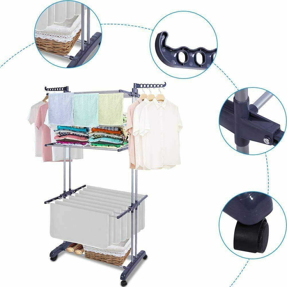 Folding Clothes Airer Horse 3 Tier Rolling Casters Drying Rack Hanging Garment