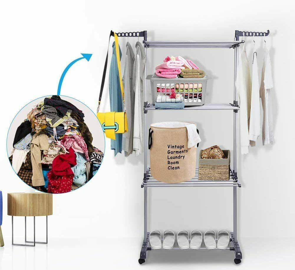 Folding Clothes Airer Horse 3 Tier Rolling Casters Drying Rack Hanging Garment
