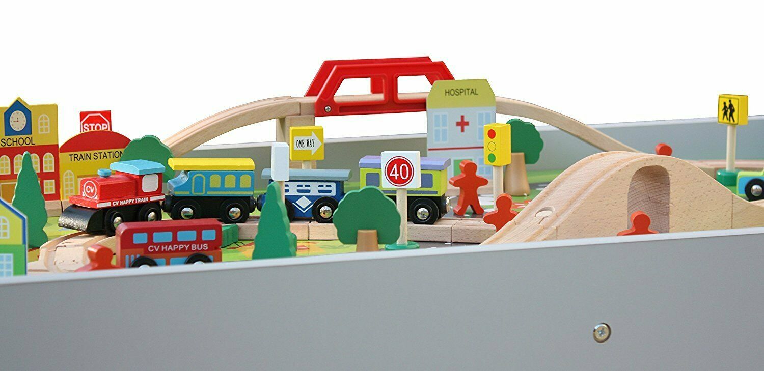 Kids Wooden Activity White Table and 90 Piece Train Set Car Track + Accessories