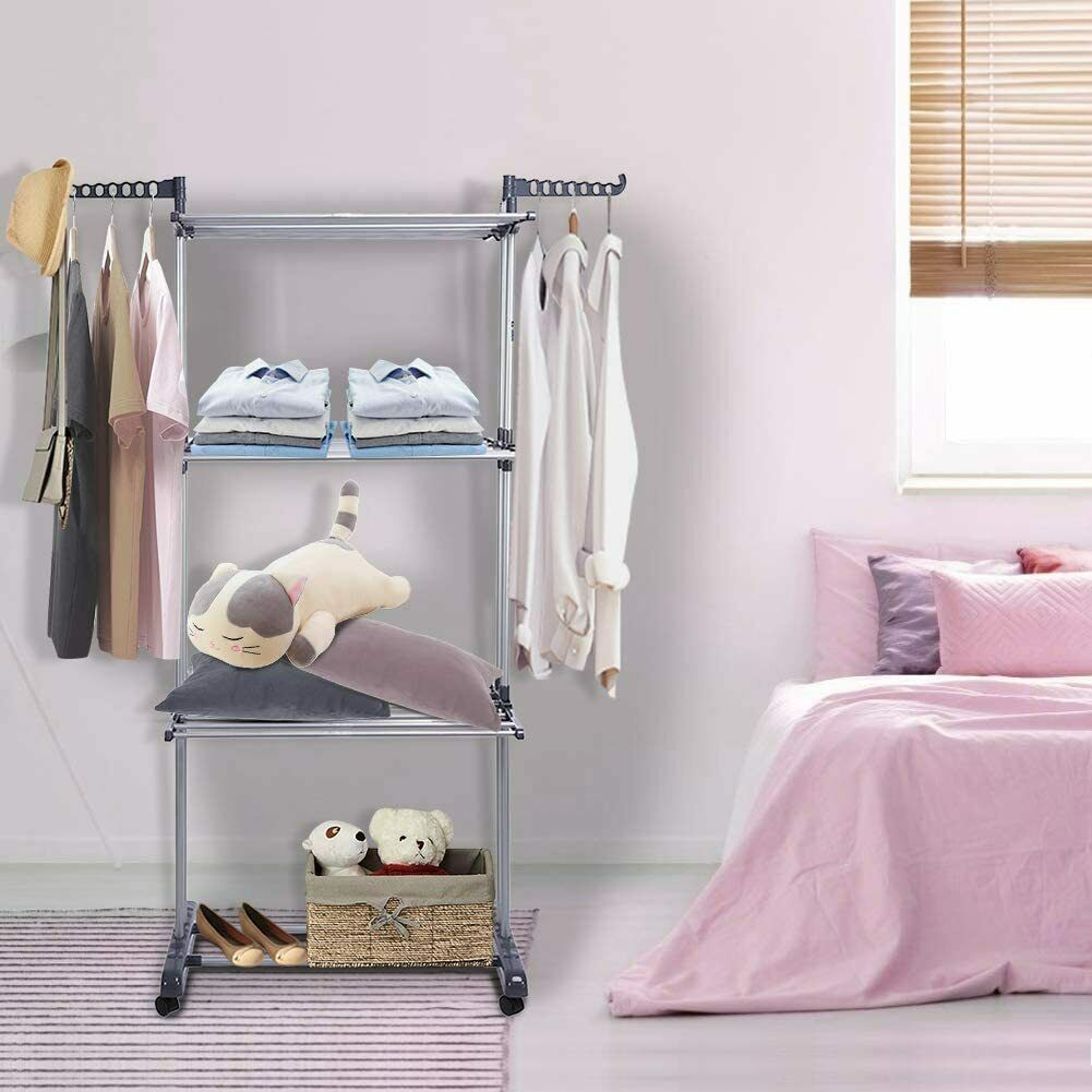 Folding Clothes Airer Horse 3 Tier Rolling Casters Drying Rack Hanging Garment
