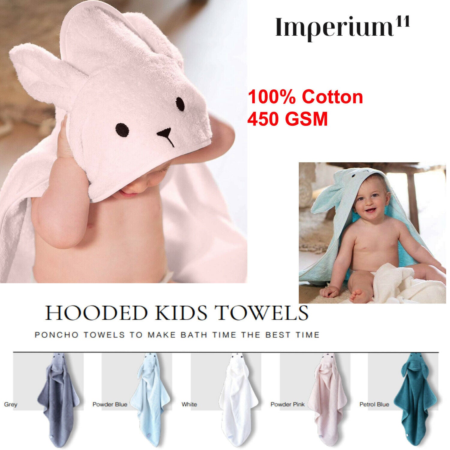 New Luxury 100% Cotton Baby Soft Bunny Hooded Bath Towel 70 x 70cm 5 Colours UK