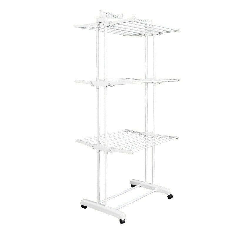 Folding Clothes Airer Horse 3 Tier Rolling Casters Drying Rack Hanging Garment