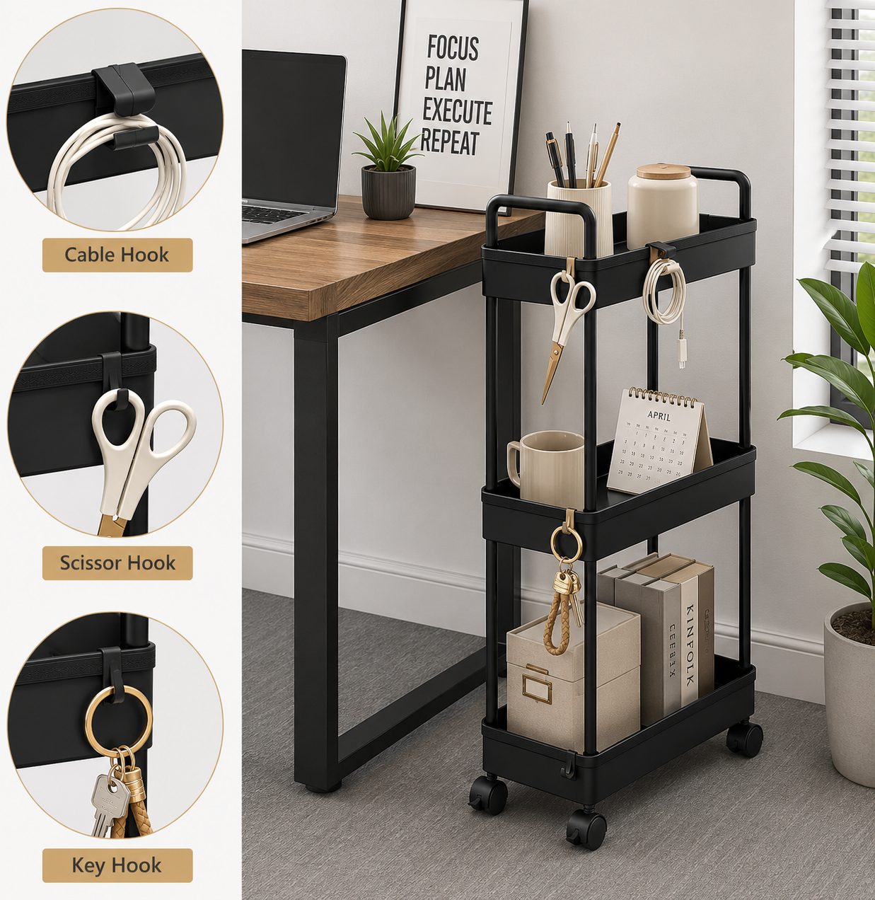 3/4/5 Tier Storage Trolley Cart on Wheels Slim Rolling Slide-Out Slim Utility Cart Storage Shelving Organizer for Kitchen Laundry Narrow Space Rack Space-Saving Bathroom Bedside Trolley