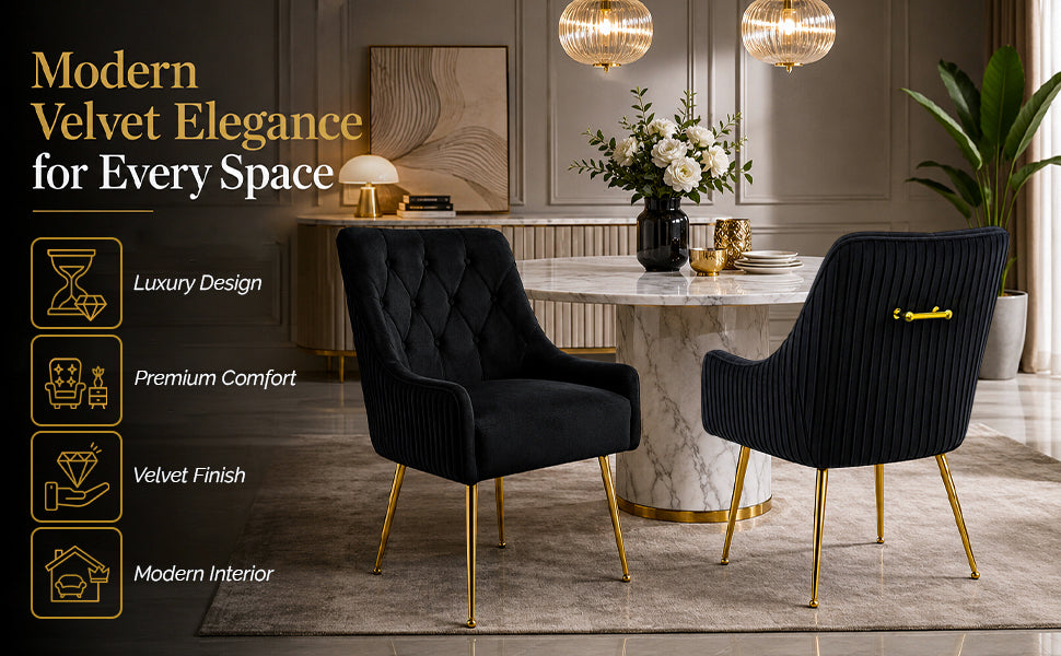 Accent Dining Chairs Set of 2, Modern Upholstered Kitchen Dining Room Chairs with Gold Legs, Fabric Tufted Velvet Living Room Chair for Reception Bedroom Kitchen