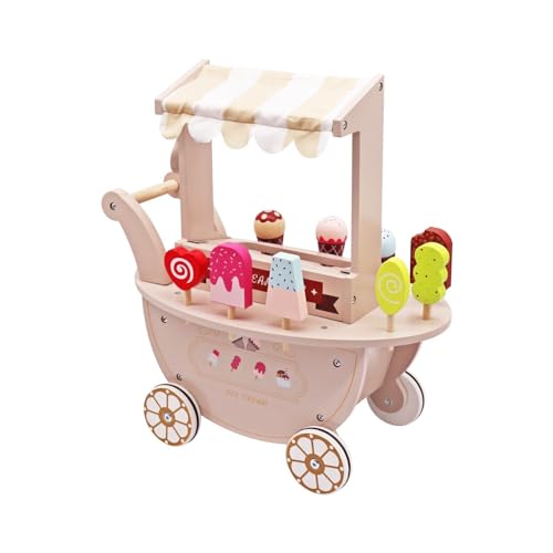 HYGRAD Wooden Ice Cream Toy Shop Kids Educational Early Years Wooden Ice Cream Cart Vendor Toy Role Play Ice Cream Shop Gift For 3-6 Year Olds