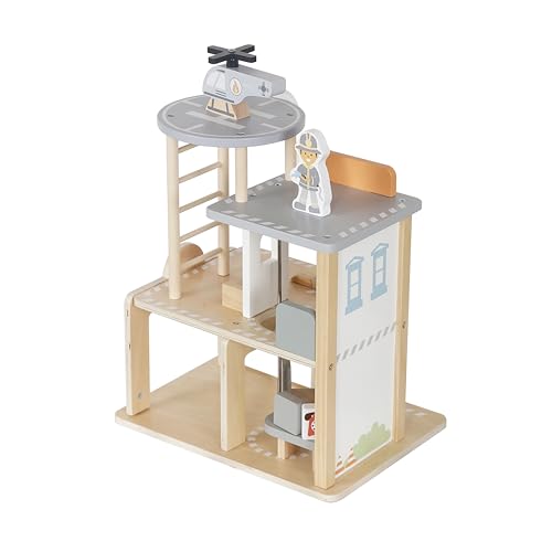 HYGRAD® Wooden Fire Station Play Set - Fire Station with Helicopter Landing Area, Fire Engine, Helicopter, 2 Figures & Accessories - Children's Toy from 3 Years