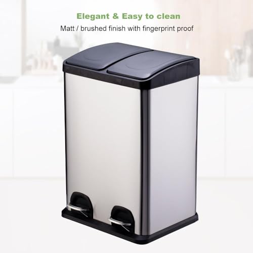 HYGRAD Kitchen Bin Recycling Bin For Kitchen Stainless Steel Triple Compartment Food Waste Bin Removable Inner Bins Kitchen Waste Compartment Bin (40L (2 x 20L Compartments))