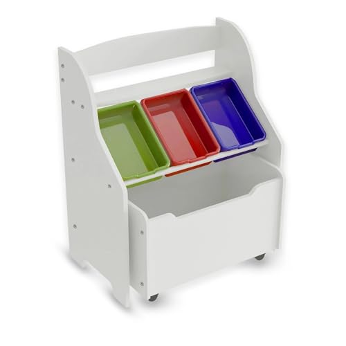 HYGRAD® Wooden Kids Toy Storage Organizer, 3 Plastic Bins, Extra Rolling Toy Box Chest & Storage Shelf, Toddler Furniture Storage Unit with Wheels for Child's Bedroom Playroom (White)